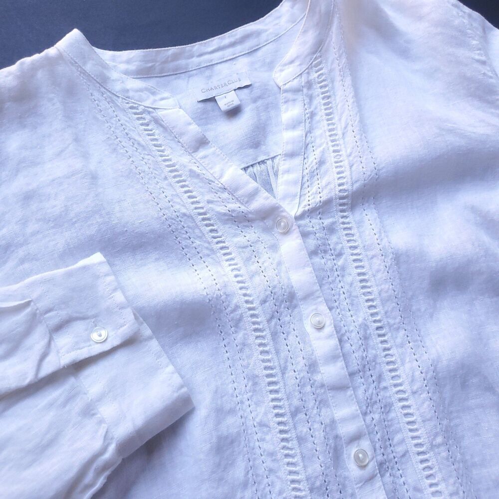 NEW Charter Club 100% Linen Top Sz L White Lace Button Up Boho Minimalist NWT